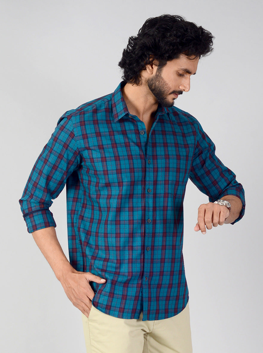 Sapphire Blue Checked Smart Fit Casual Shirt | Greenfibre