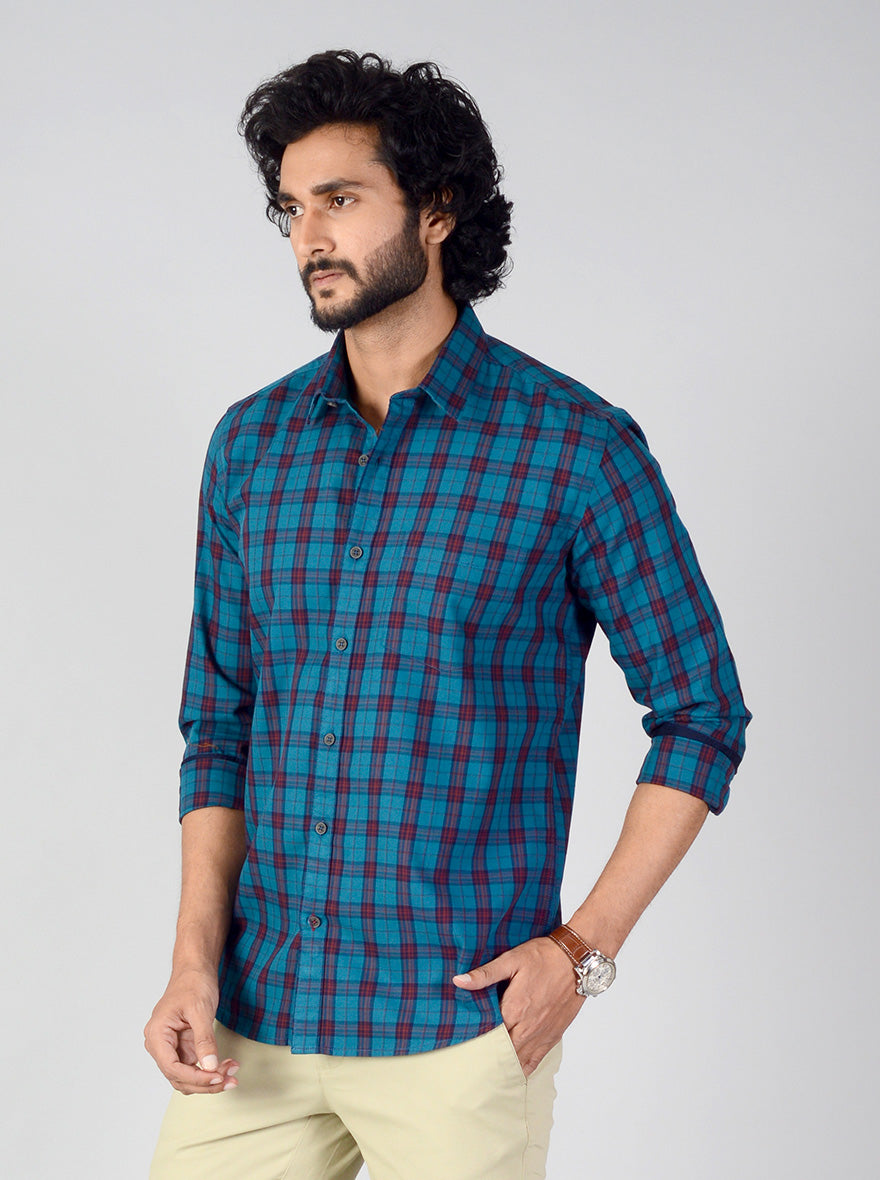 Sapphire Blue Checked Smart Fit Casual Shirt | Greenfibre