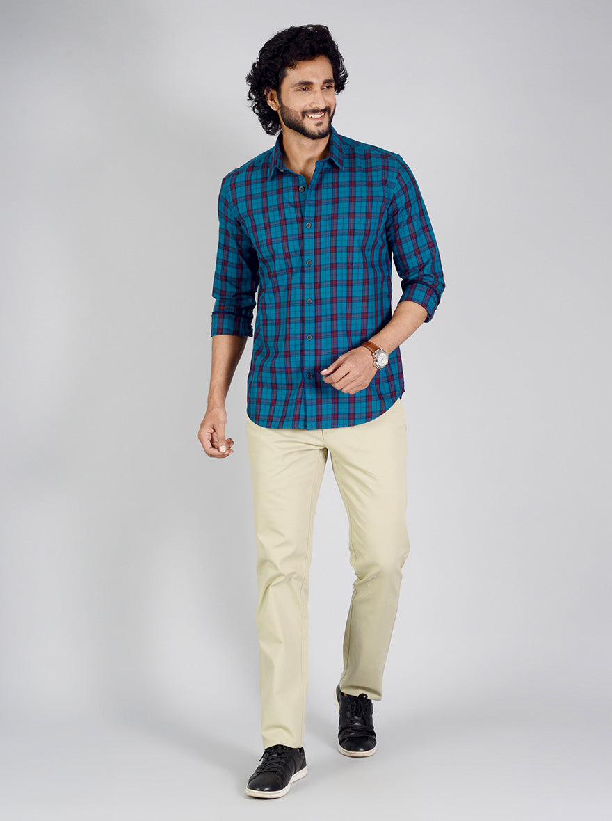 Sapphire Blue Checked Smart Fit Casual Shirt | Greenfibre