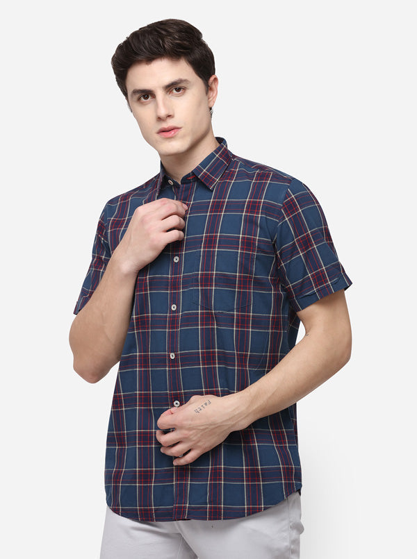 Navy Blue Tailored Fit Checked Casual Shirt | JB Sport
