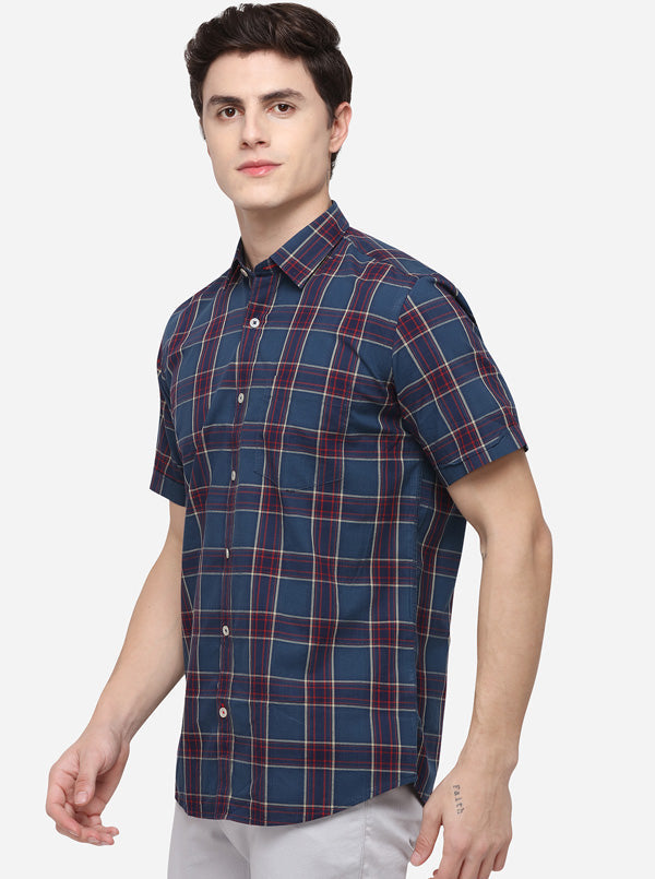 Navy Blue Tailored Fit Checked Casual Shirt | JB Sport