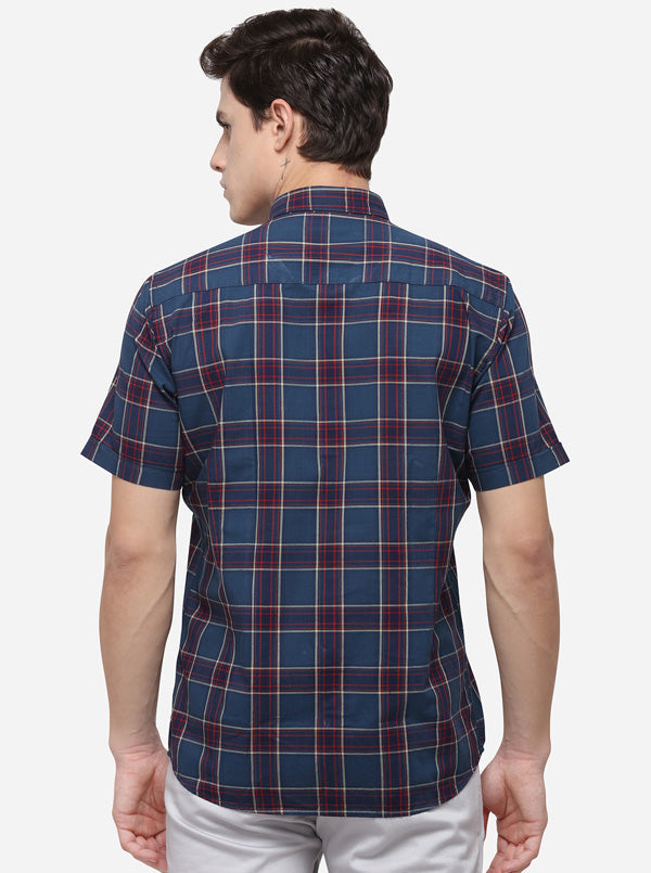Navy Blue Tailored Fit Checked Casual Shirt | JB Sport