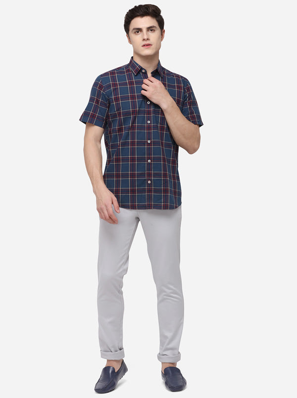 Navy Blue Tailored Fit Checked Casual Shirt | JB Sport
