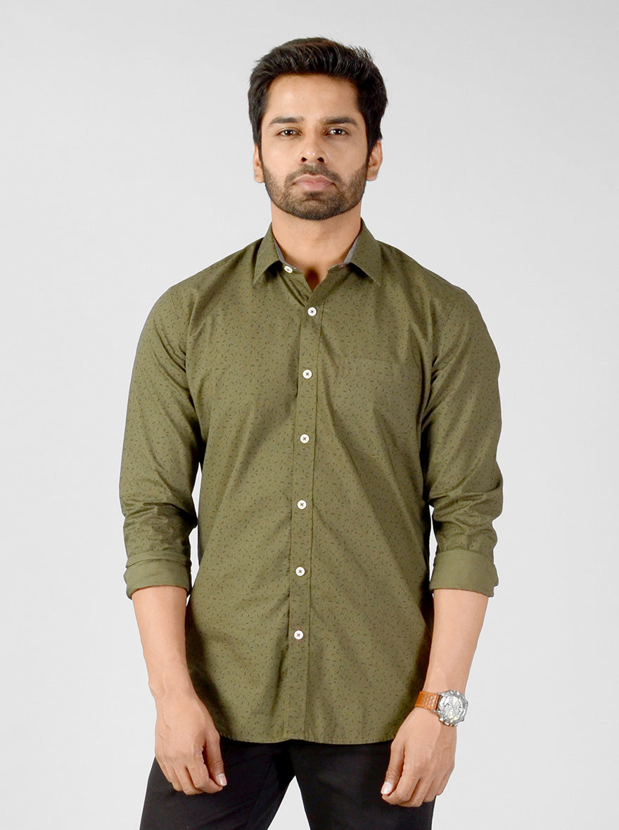 Olive Green Printed Smart Fit Casual Shirt | Greenfibre
