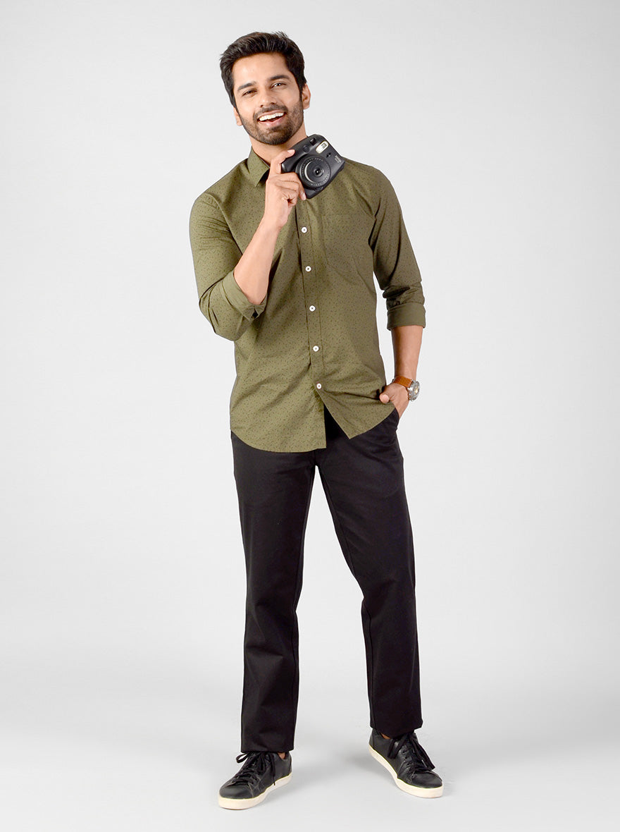 Olive Green Printed Smart Fit Casual Shirt | Greenfibre
