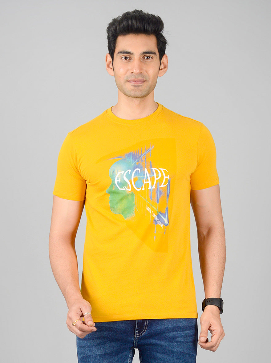 Bright Mustard Yellow Printed Slim Fit T-shirt | JB Sport