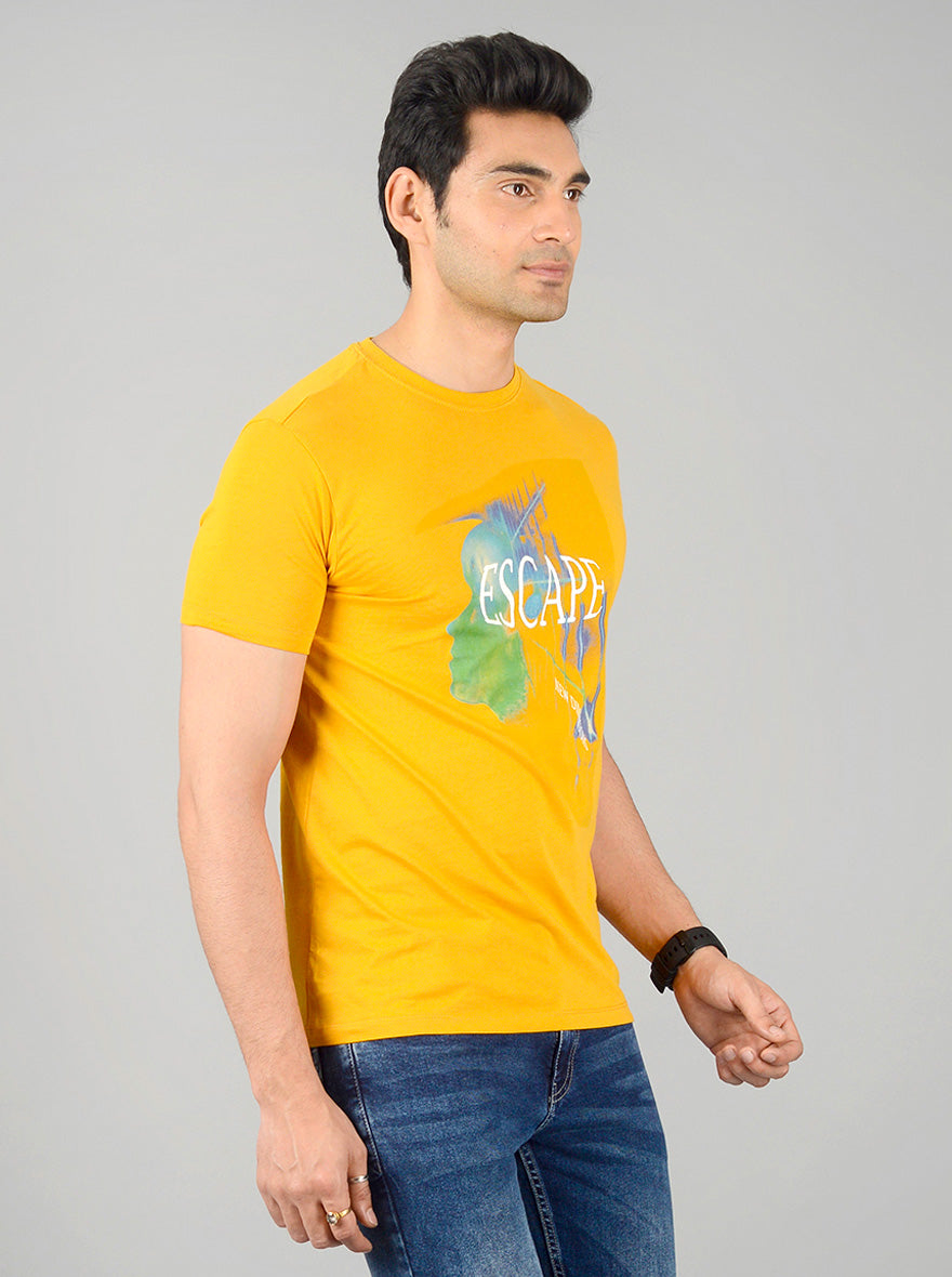 Bright Mustard Yellow Printed Slim Fit T-shirt | JB Sport