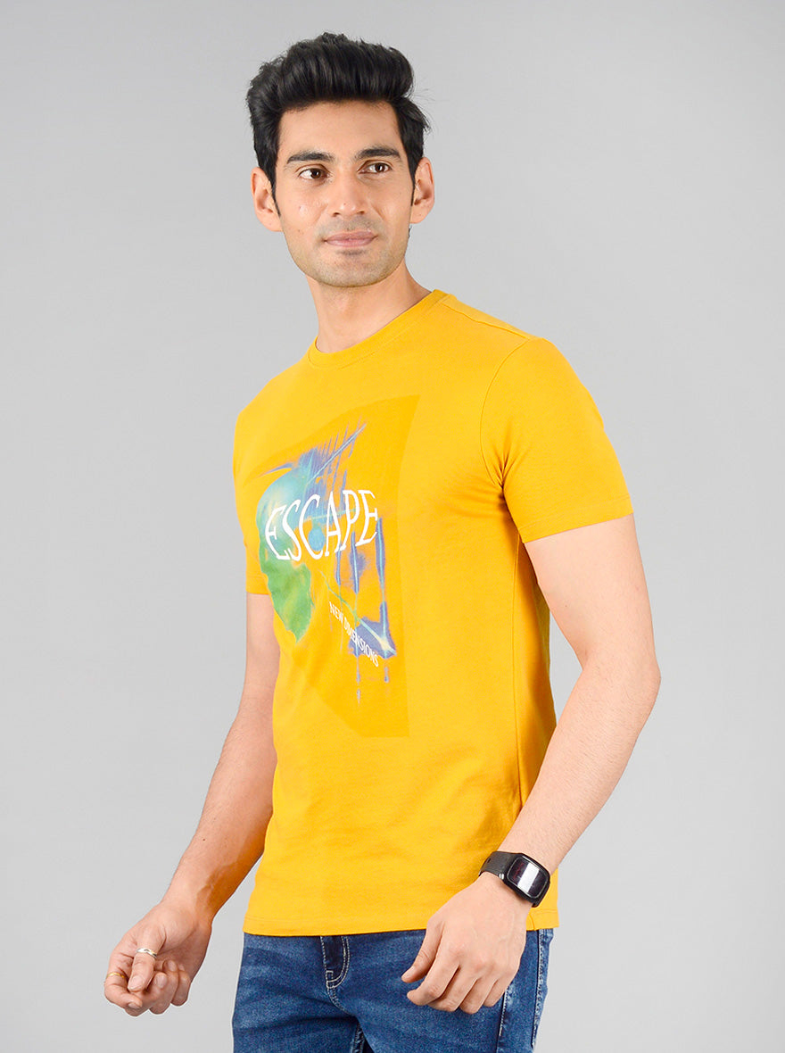 Bright Mustard Yellow Printed Slim Fit T-shirt | JB Sport