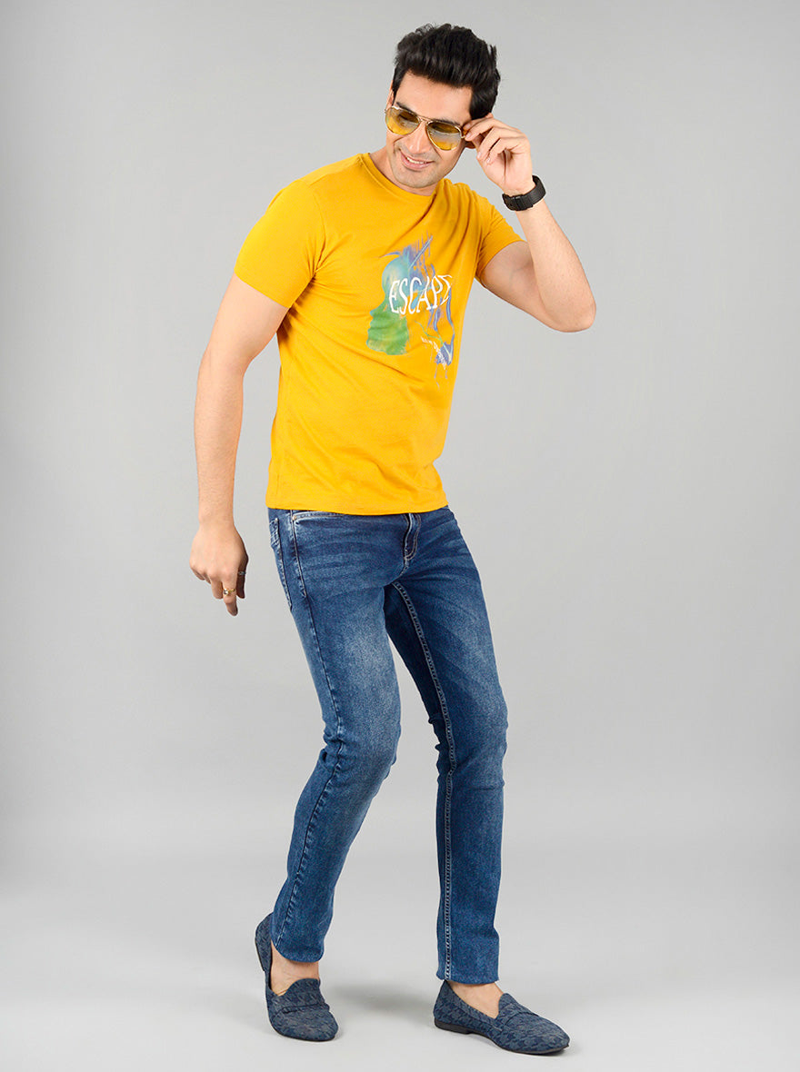 Bright Mustard Yellow Printed Slim Fit T-shirt | JB Sport