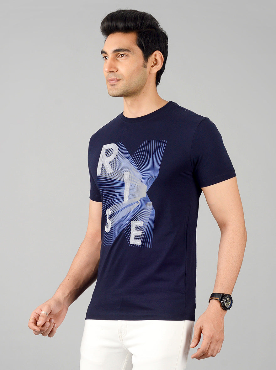 Navy Blue Printed Slim Fit T-shirt | JB Sport