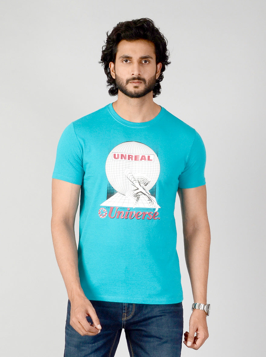 Turquoise Blue Printed Slim Fit T-shirt | JB Sport