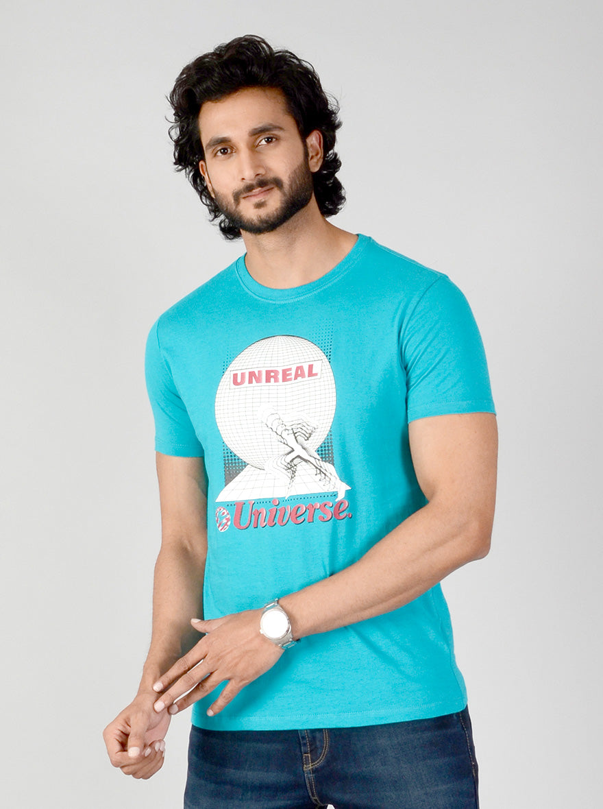 Turquoise Blue Printed Slim Fit T-shirt | JB Sport