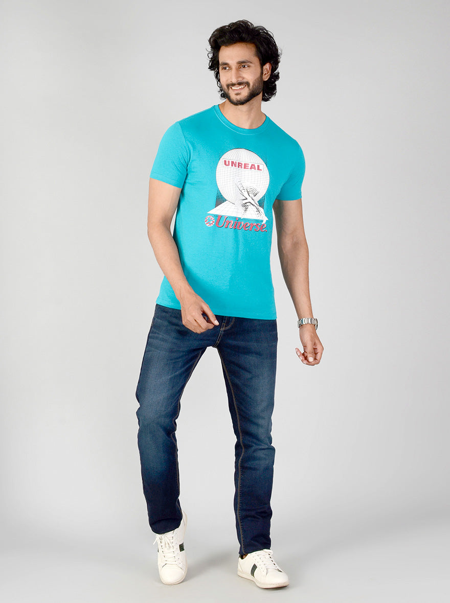 Turquoise Blue Printed Slim Fit T-shirt | JB Sport