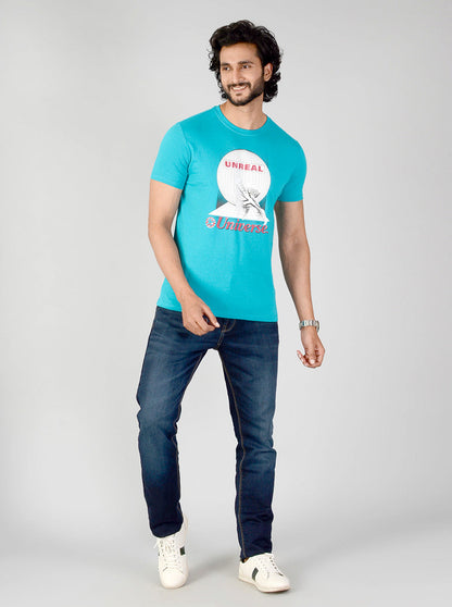 Turquoise Blue Printed Slim Fit T-shirt | JB Sport
