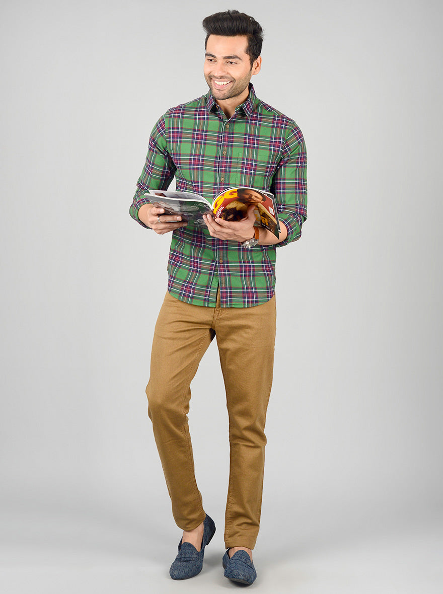 Forest Green Checked Slim Fit Casual Shirt | Greenfibre