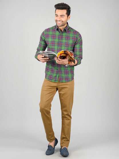 Forest Green Checked Slim Fit Casual Shirt | Greenfibre