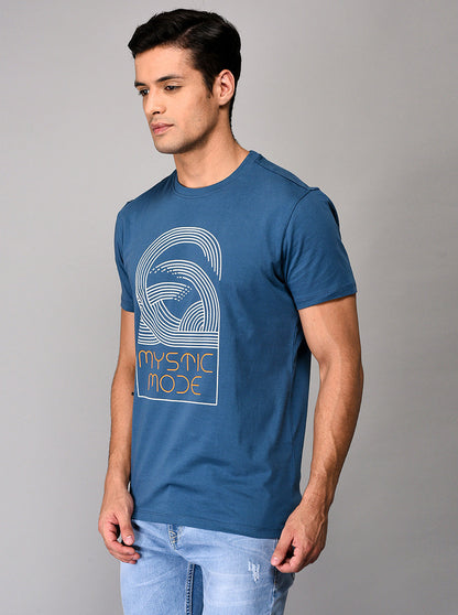 Blue Printed Slim Fit Round Neck T-shirt | Greenfibre