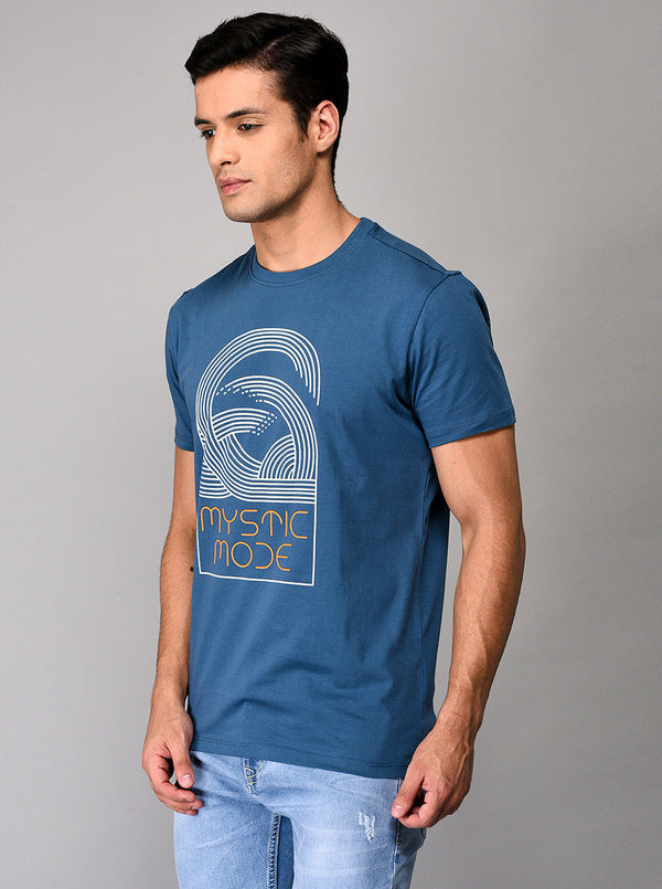 Blue Printed Slim Fit Round Neck T-shirt | Greenfibre