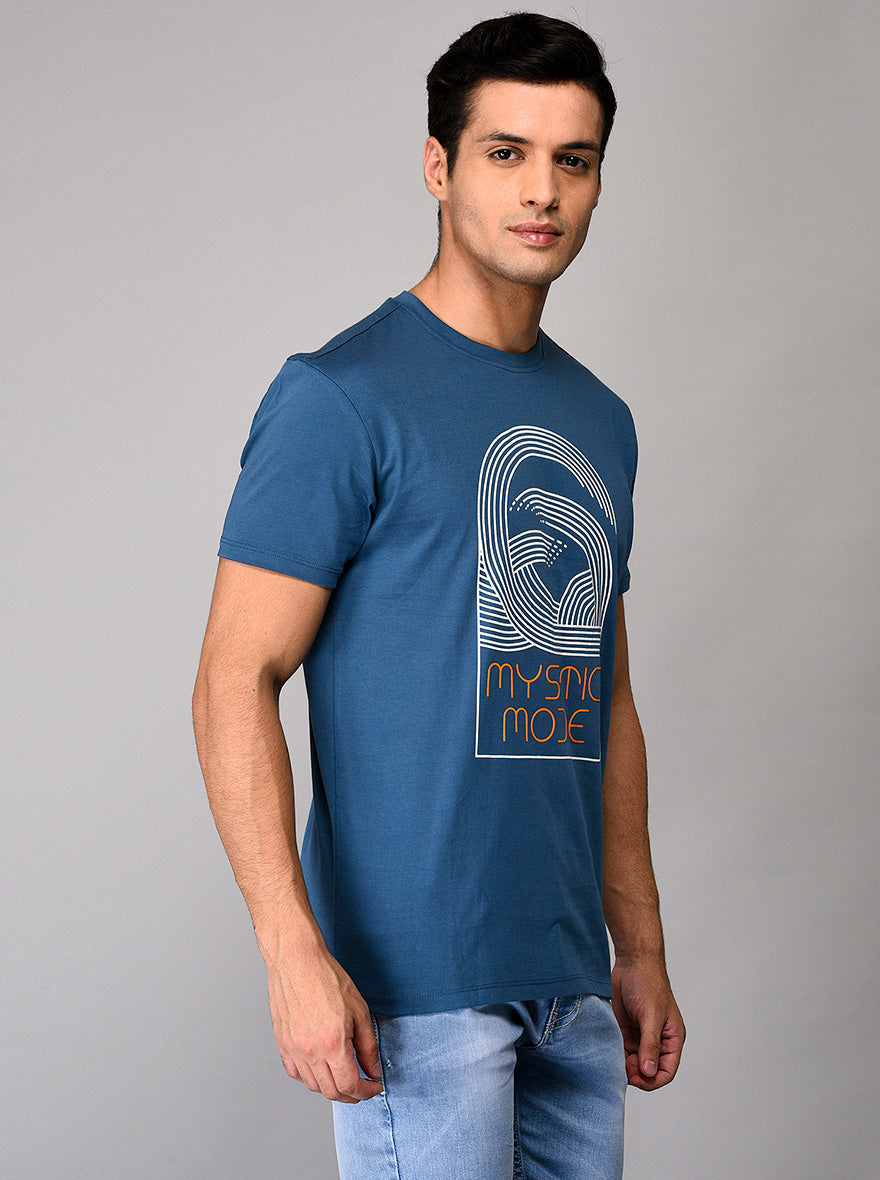 Blue Printed Slim Fit Round Neck T-shirt | Greenfibre