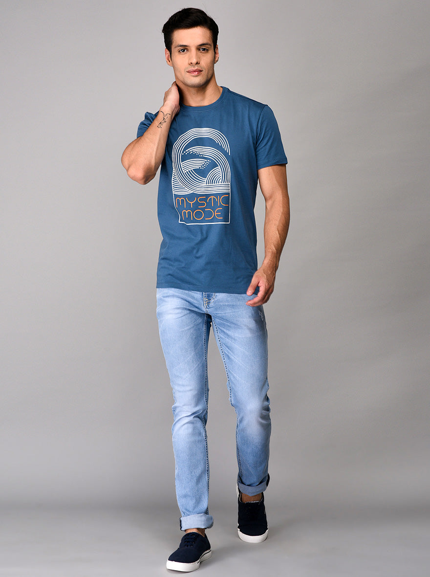 Blue Printed Slim Fit Round Neck T-shirt | Greenfibre