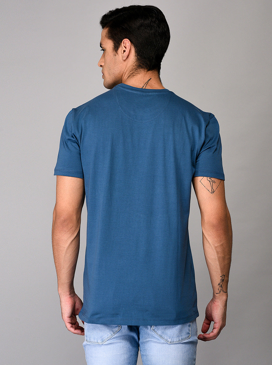 Blue Printed Slim Fit Round Neck T-shirt | Greenfibre