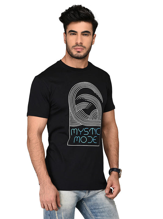 Black Printed Slim Fit Round Neck T-shirt | Greenfibre