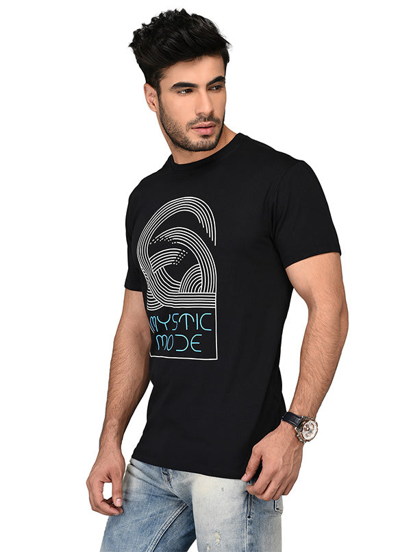 Black Printed Slim Fit Round Neck T-shirt | Greenfibre