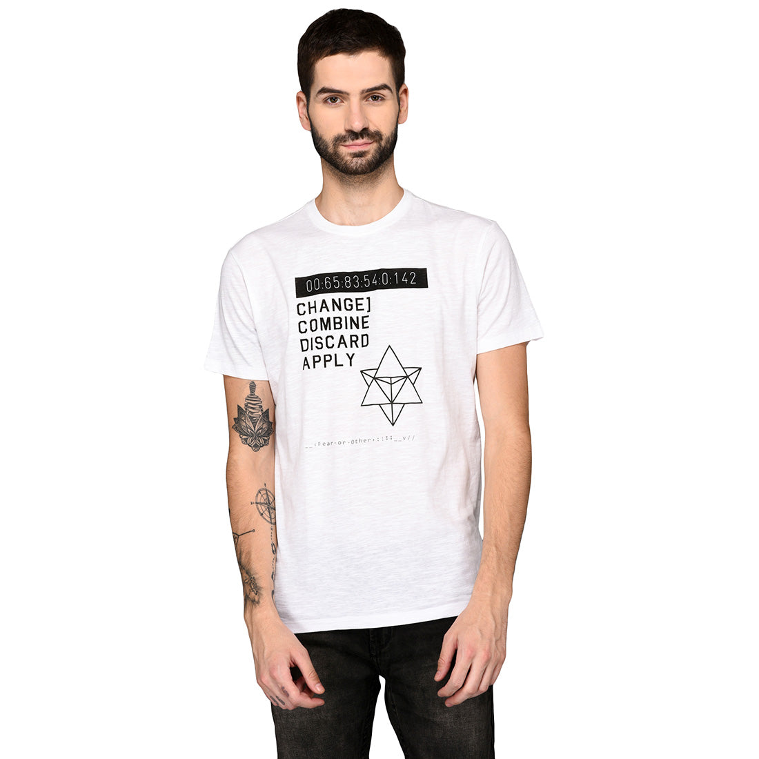 Greenfibre White Printed Slim Fit Round Neck T-Shirt