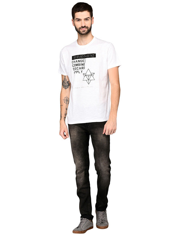 Greenfibre White Printed Slim Fit Round Neck T-Shirt