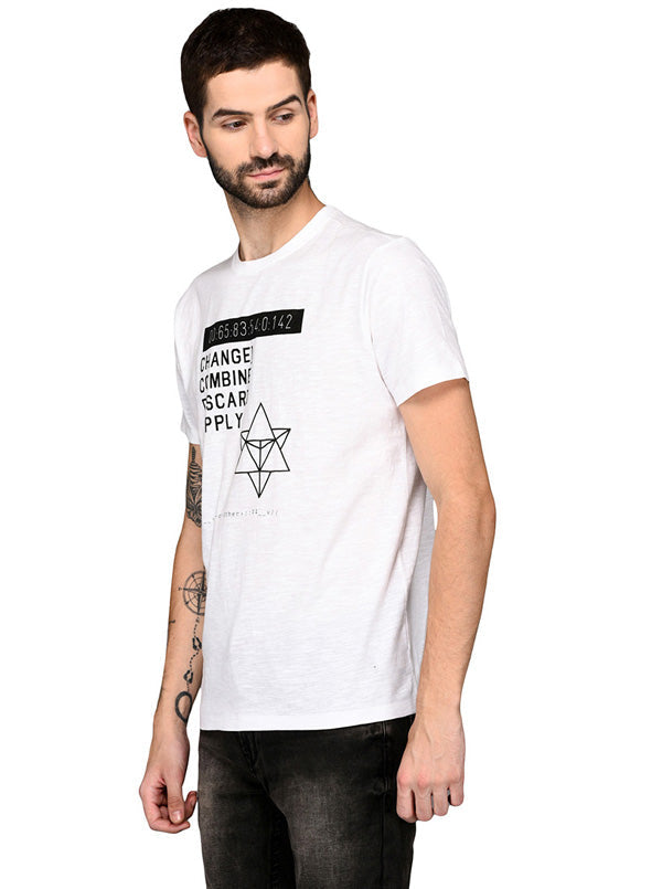 Greenfibre White Printed Slim Fit Round Neck T-Shirt