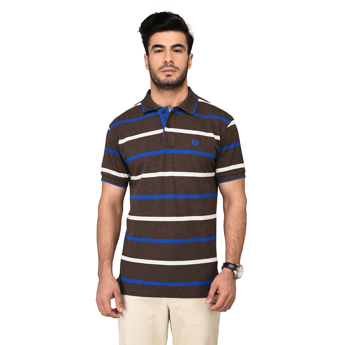 Coffee Brown Striped Slim Fit Polo T-shirt | Greenfibre