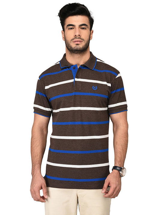 Coffee Brown Striped Slim Fit Polo T-shirt | Greenfibre