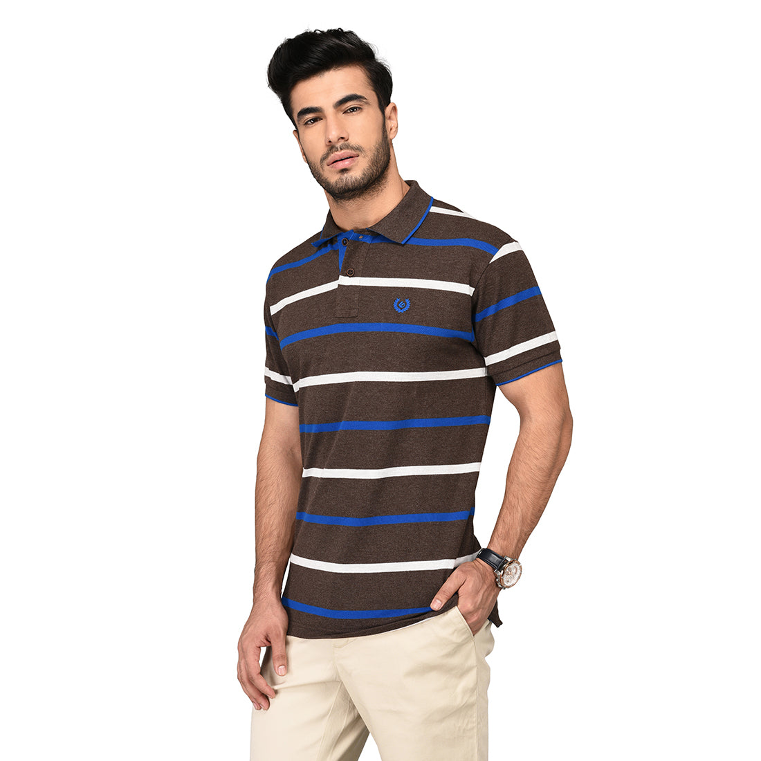 Coffee Brown Striped Slim Fit Polo T-shirt | Greenfibre