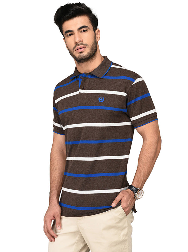 Coffee Brown Striped Slim Fit Polo T-shirt | Greenfibre