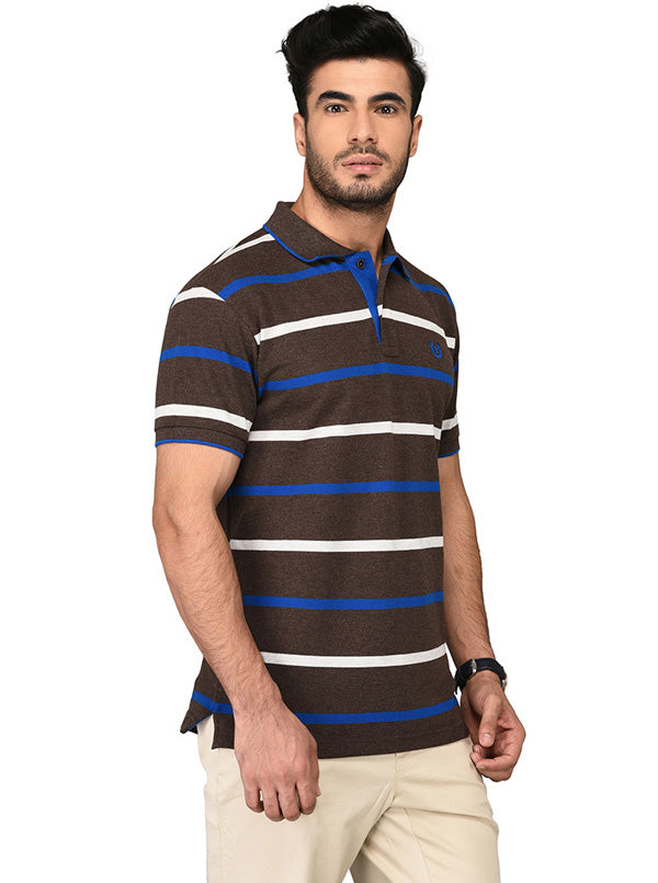 Coffee Brown Striped Slim Fit Polo T-shirt | Greenfibre