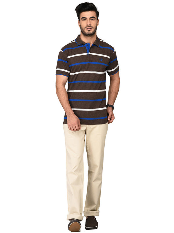 Coffee Brown Striped Slim Fit Polo T-shirt | Greenfibre