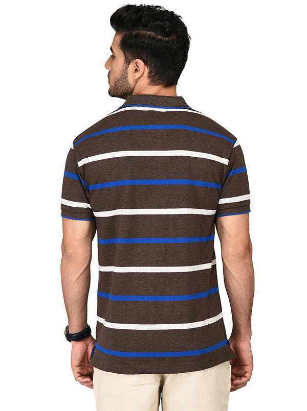 Coffee Brown Striped Slim Fit Polo T-shirt | Greenfibre