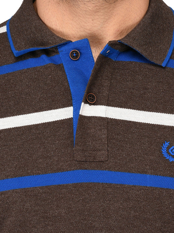 Coffee Brown Striped Slim Fit Polo T-shirt | Greenfibre