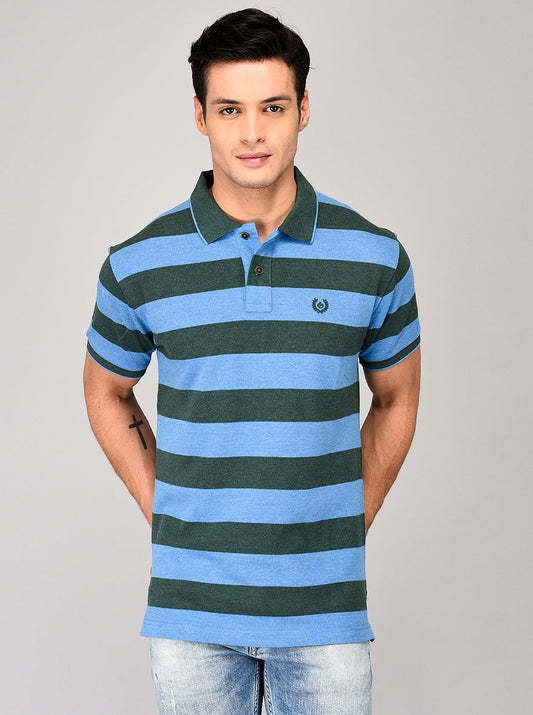 Greenfibre Blue & Green Striped Slim Fit Polo T-Shirt