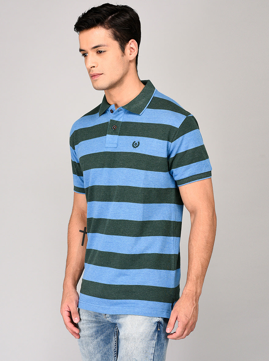 Greenfibre Blue & Green Striped Slim Fit Polo T-Shirt