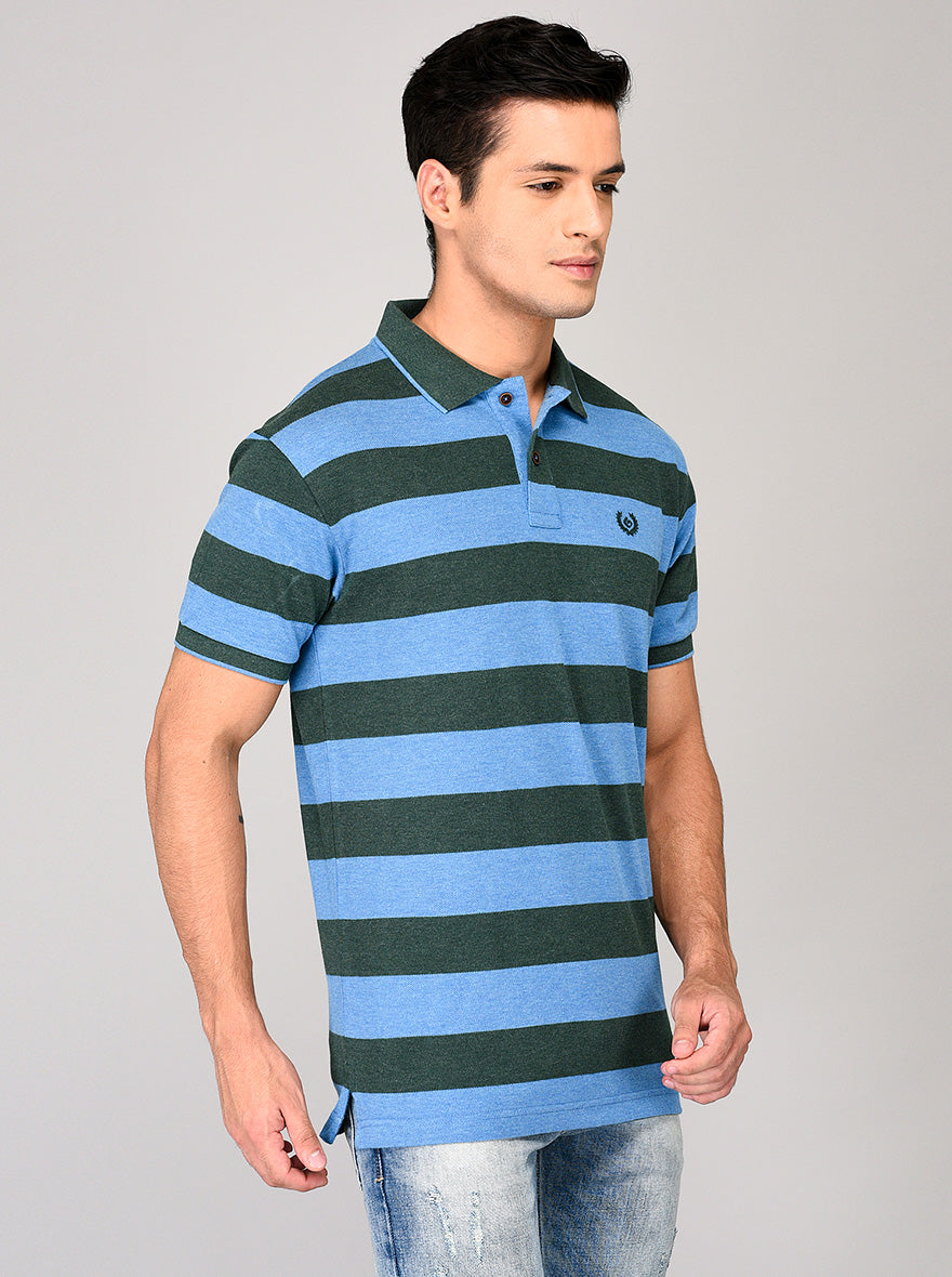 Greenfibre Blue & Green Striped Slim Fit Polo T-Shirt