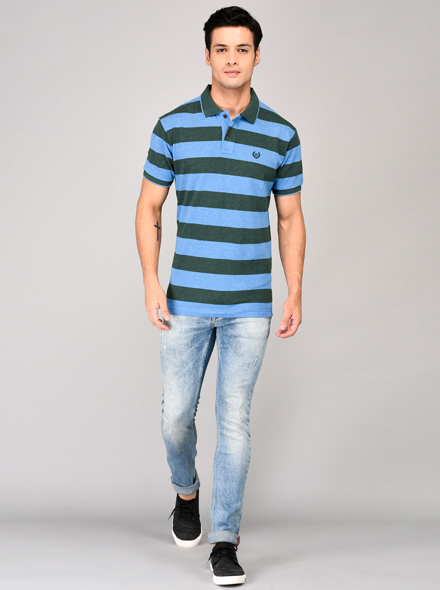 Greenfibre Blue & Green Striped Slim Fit Polo T-Shirt