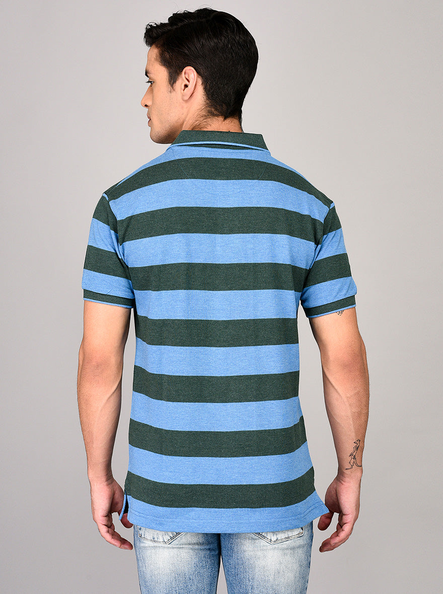 Greenfibre Blue & Green Striped Slim Fit Polo T-Shirt