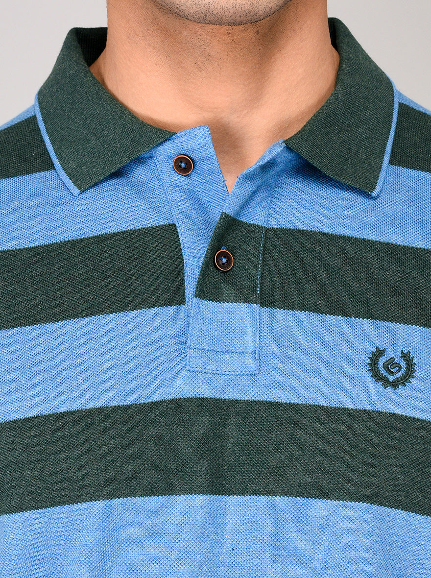 Greenfibre Blue & Green Striped Slim Fit Polo T-Shirt