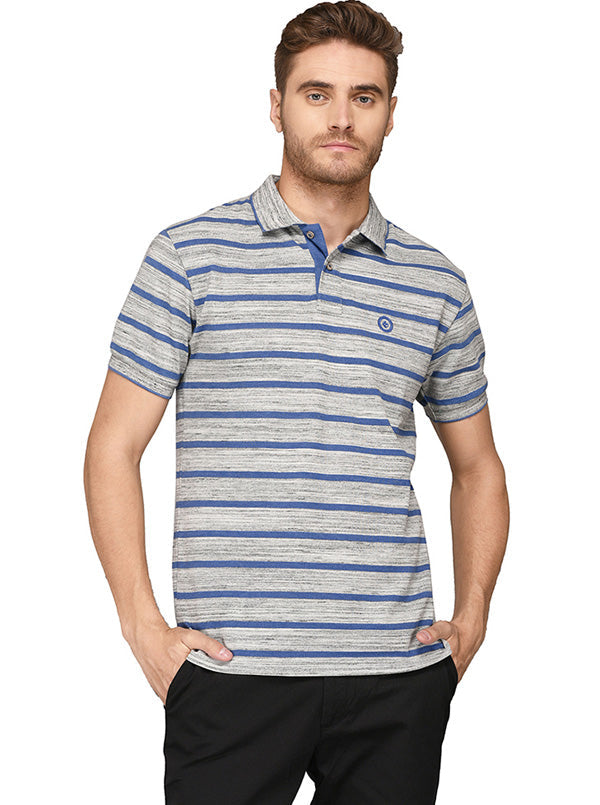 Greenfibre Grey & Blue Striped Slim Fit Polo T-Shirt