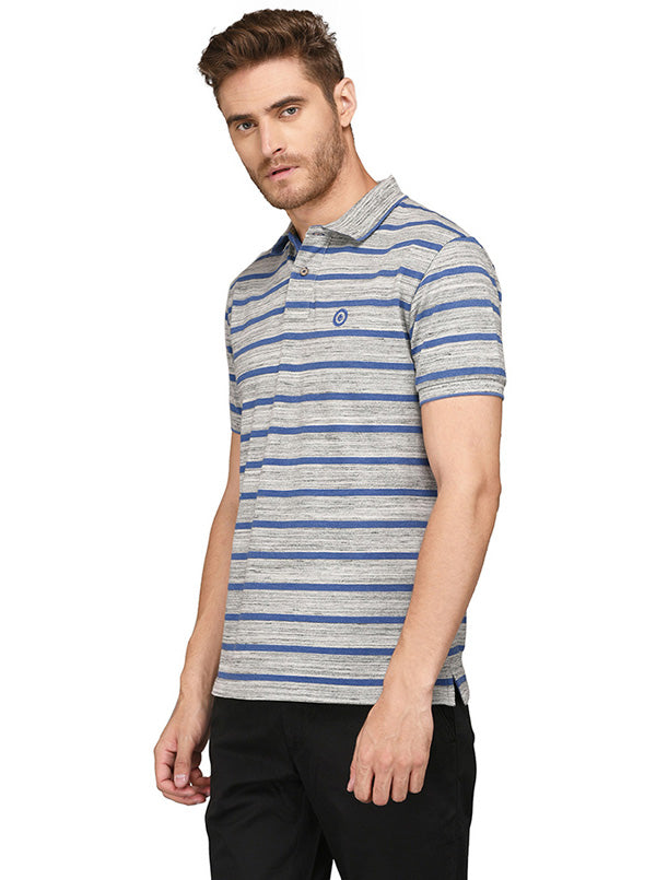 Greenfibre Grey & Blue Striped Slim Fit Polo T-Shirt