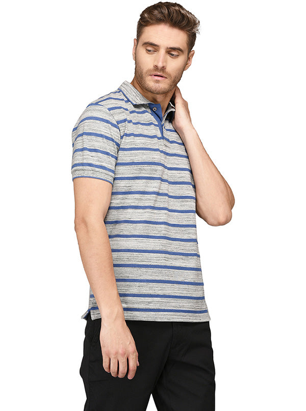 Greenfibre Grey & Blue Striped Slim Fit Polo T-Shirt