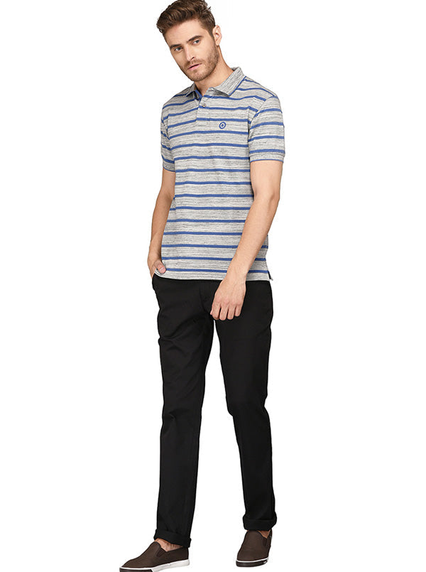 Greenfibre Grey & Blue Striped Slim Fit Polo T-Shirt