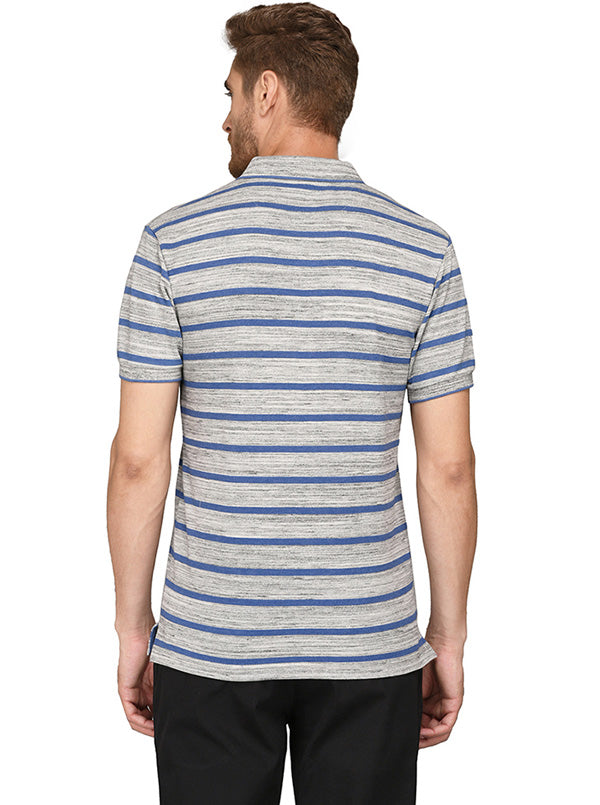 Greenfibre Grey & Blue Striped Slim Fit Polo T-Shirt