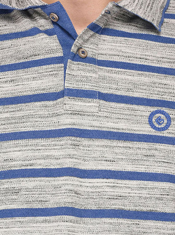 Greenfibre Grey & Blue Striped Slim Fit Polo T-Shirt